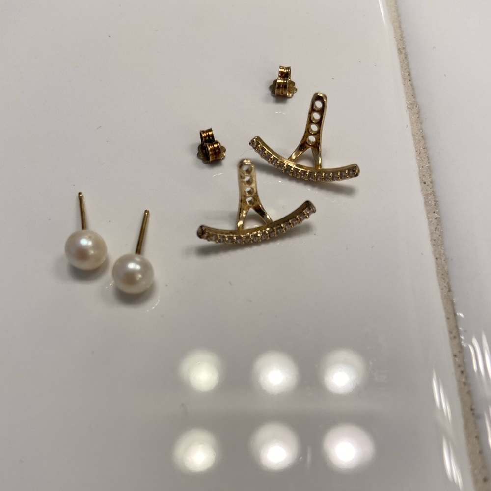 Gold Vermeil Pearl Earrings with Crystal Ear Jackets - Picture 2 of 5